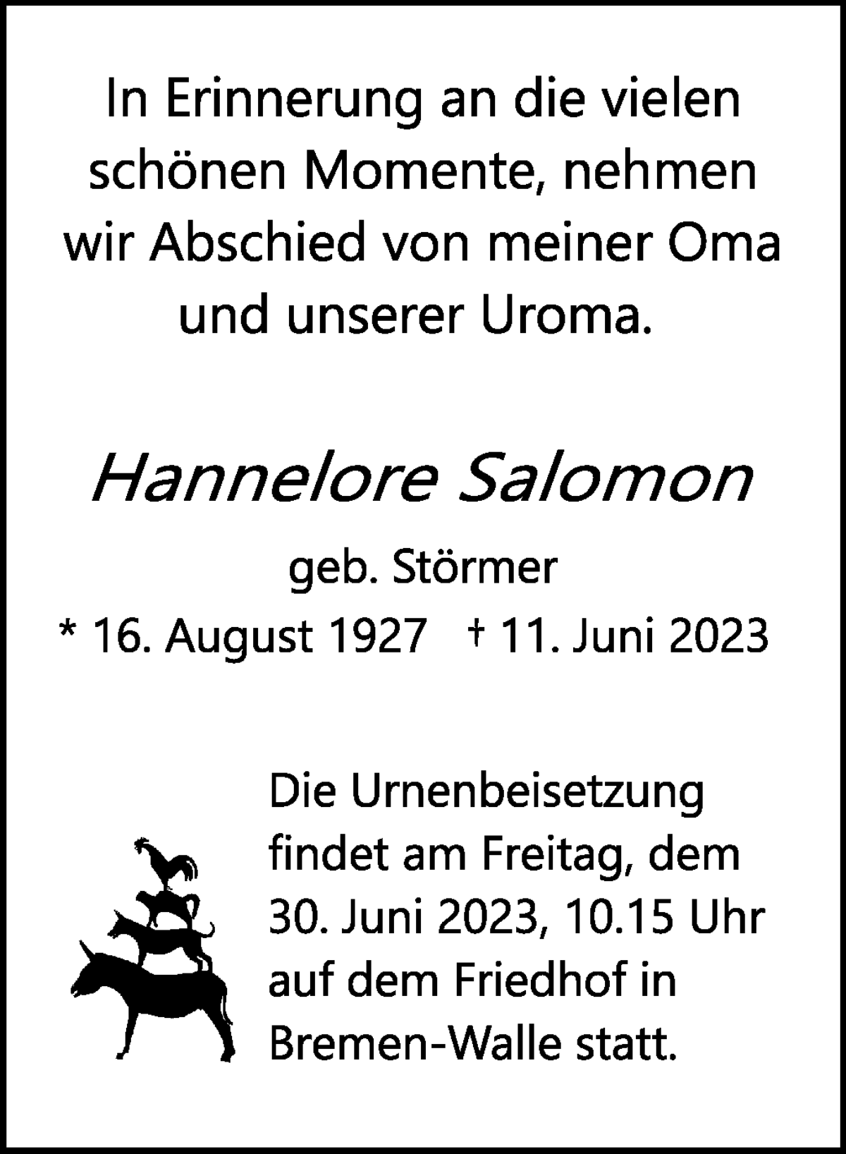 Traueranzeige von Hannelore Salomon von WESER-KURIER