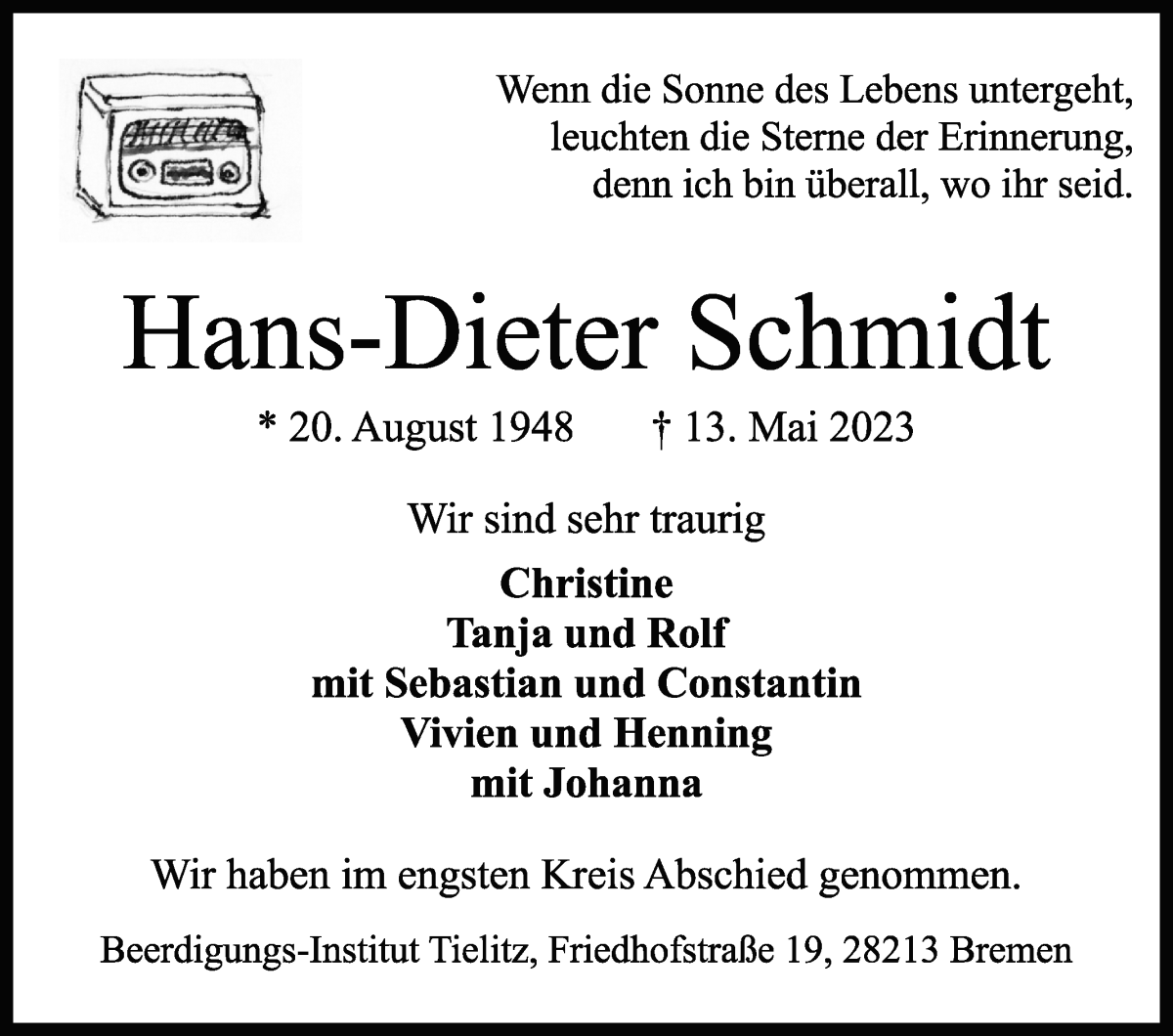 Traueranzeige von Hans-Dieter Schmidt von WESER-KURIER
