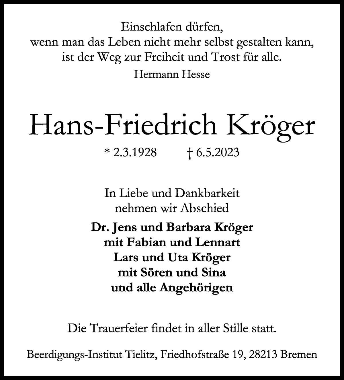 Traueranzeige von Hans-Friedrich Kröger von WESER-KURIER