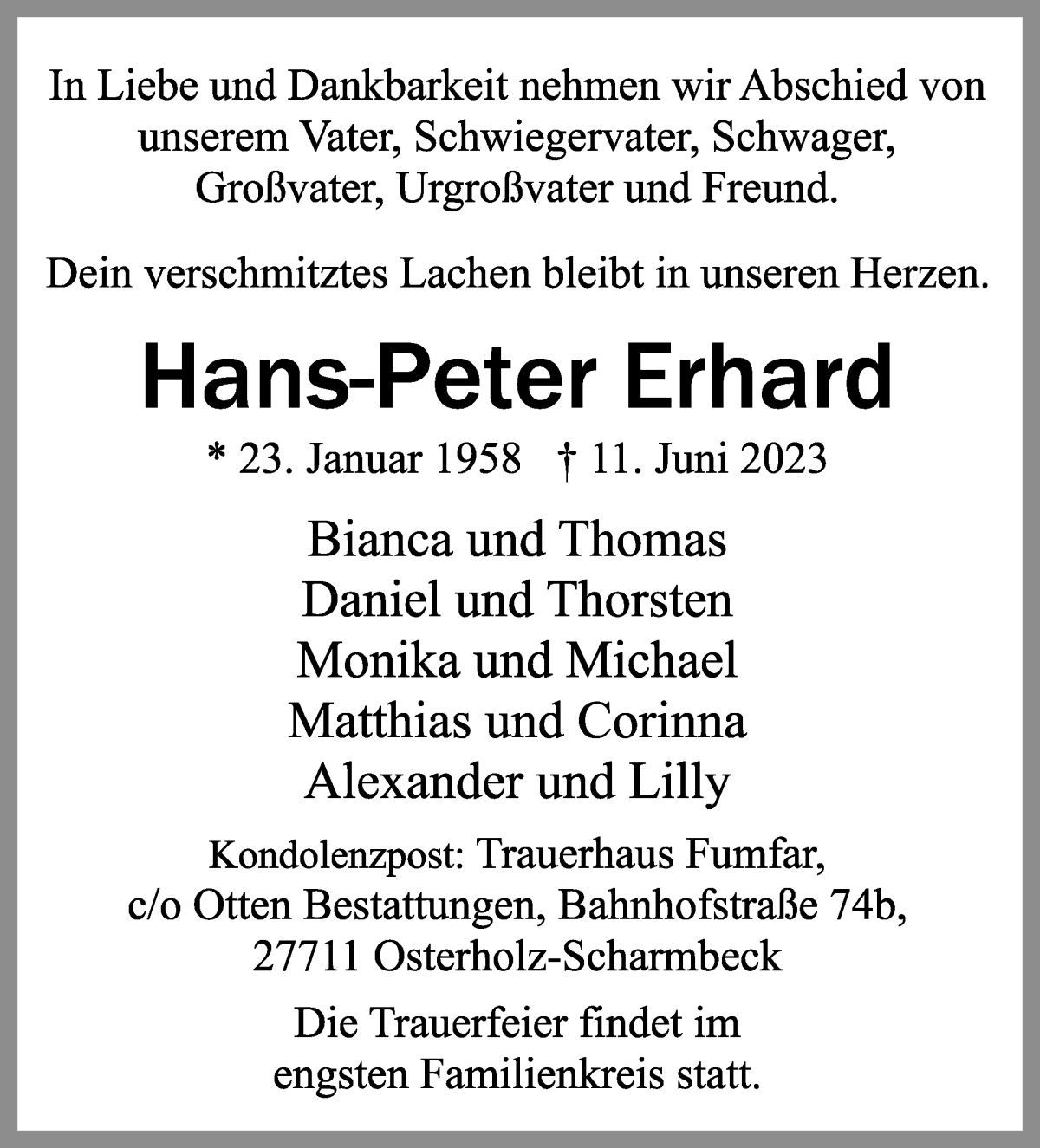 Traueranzeige von Hans-Peter Erhard von WESER-KURIER