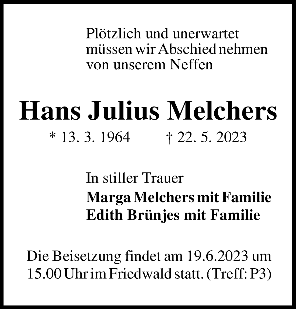 Traueranzeige von Hans Julius Melchers von Osterholzer Kreisblatt