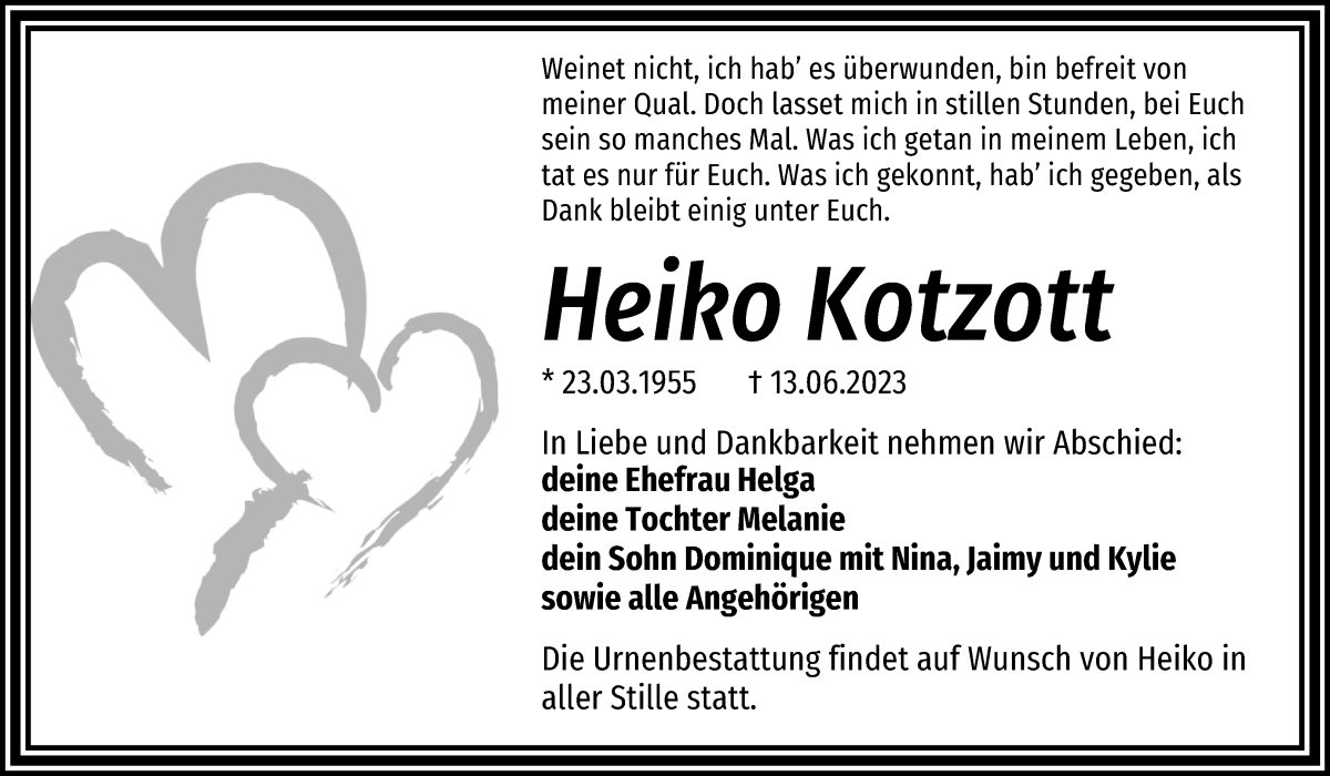Traueranzeige von Heiko Kotzott von WESER-KURIER