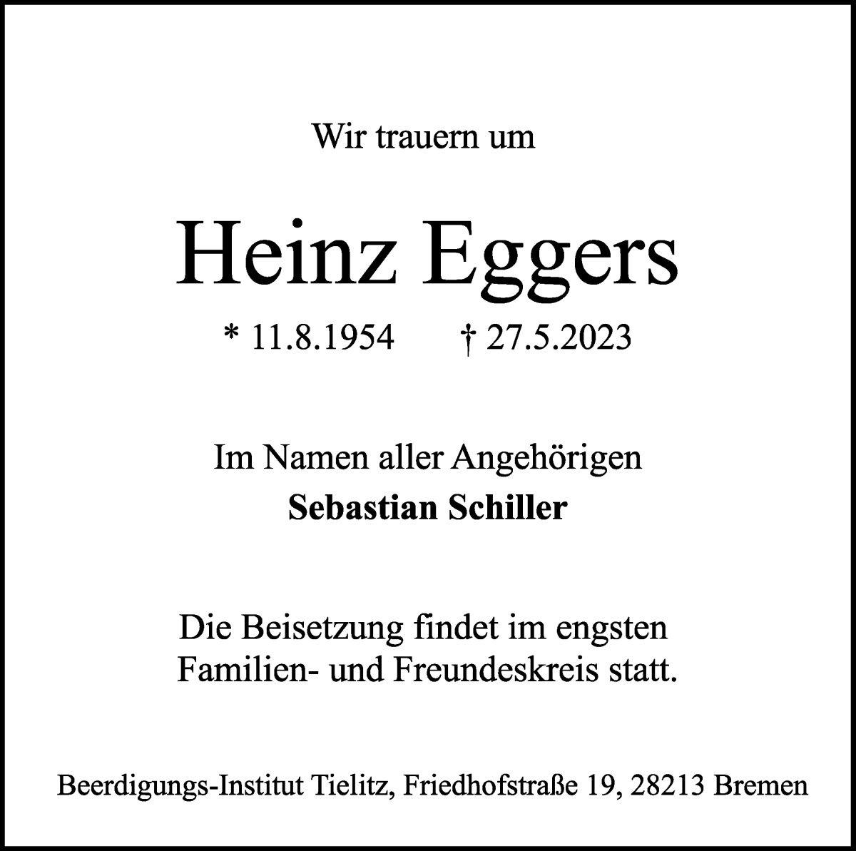 Traueranzeige von Heinz Eggers von WESER-KURIER