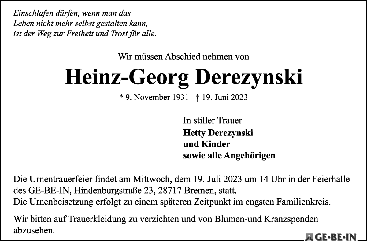Traueranzeige von Heinz-Georg Derezynski von WESER-KURIER