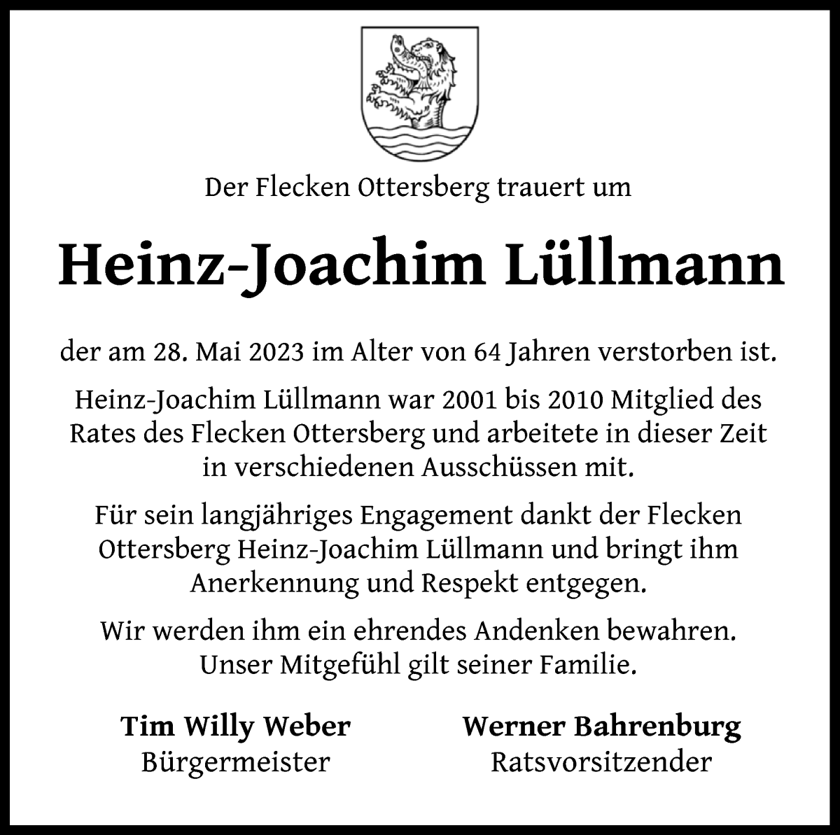 Traueranzeige von Heinz-Joachim Lüllmann von Achimer Kurier/Verdener Nachrichten