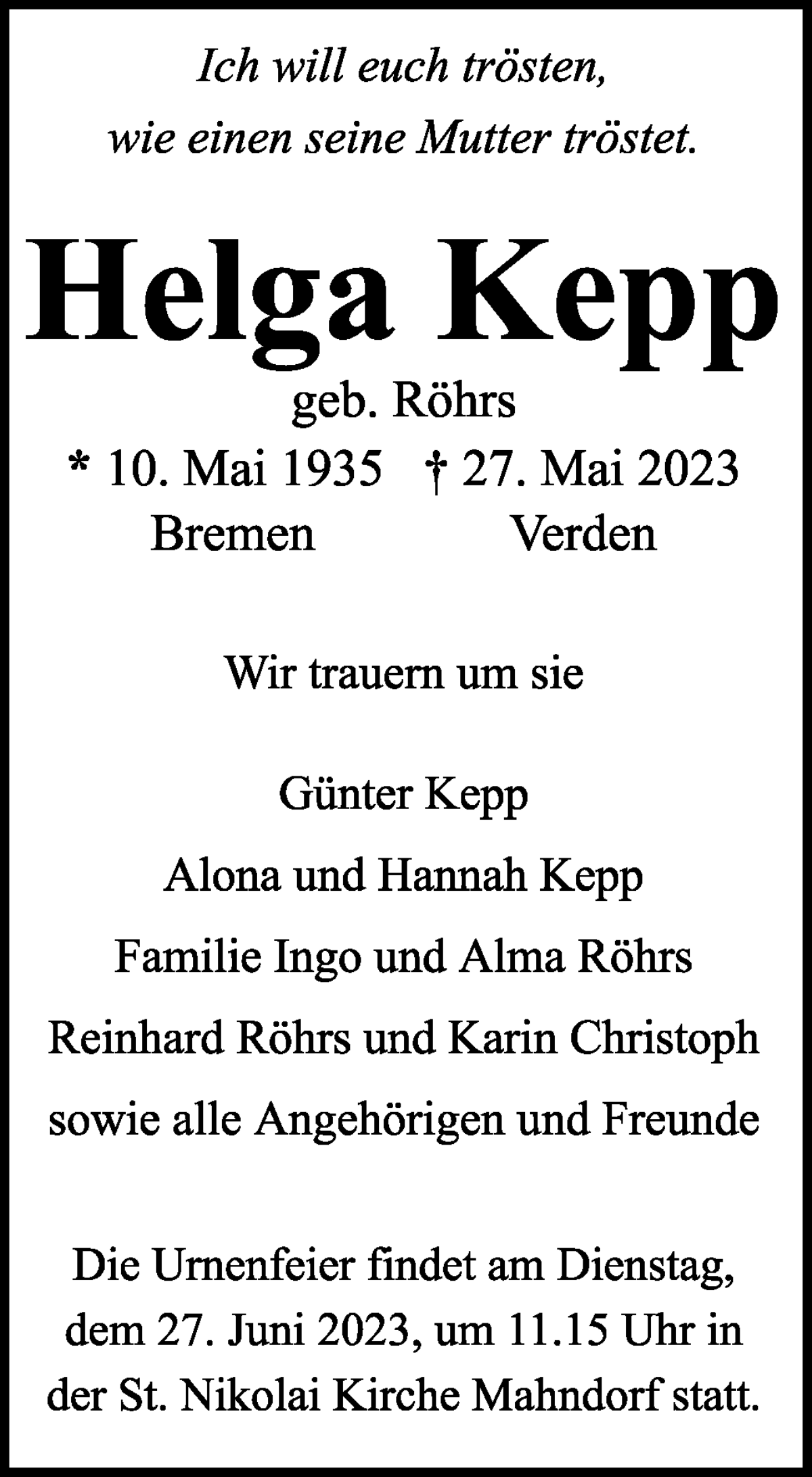 Traueranzeige von Helga Kepp von WESER-KURIER