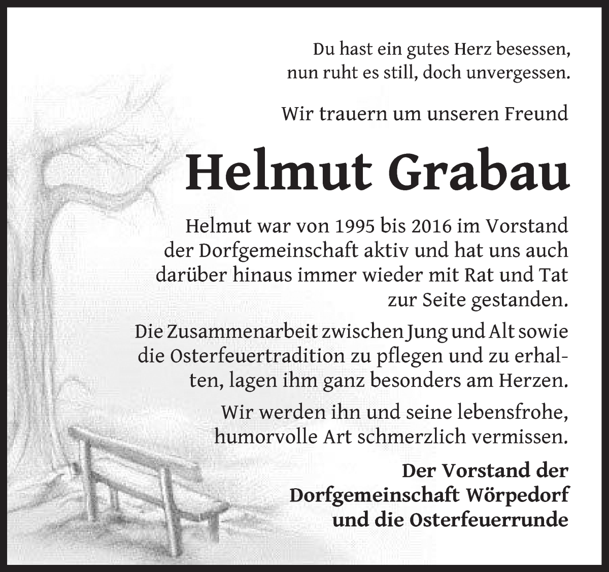 Traueranzeige von Helmut Grabau von Wuemme Zeitung