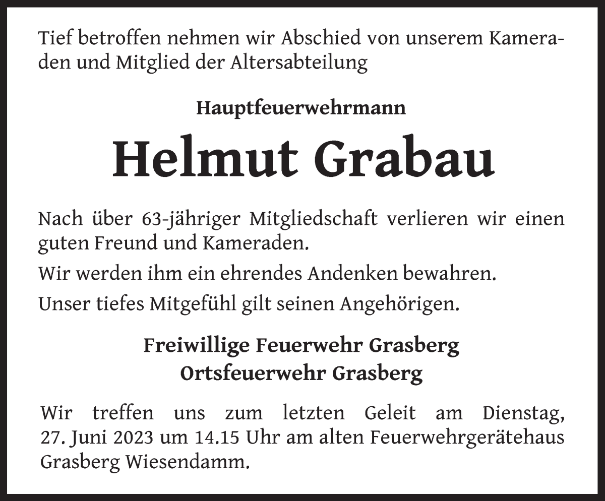 Traueranzeige von Helmut Grabau von Wuemme Zeitung