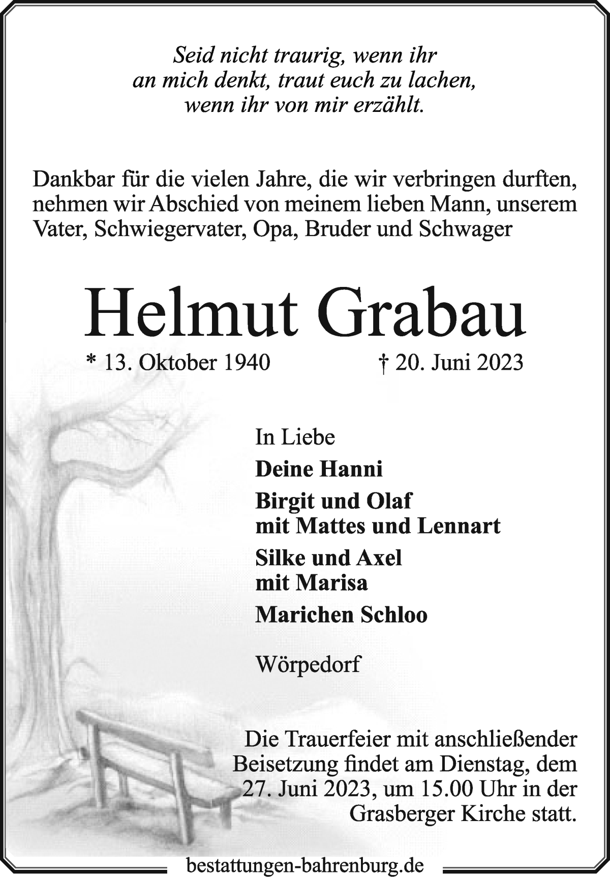 Traueranzeige von Helmut Grabau von Wuemme Zeitung