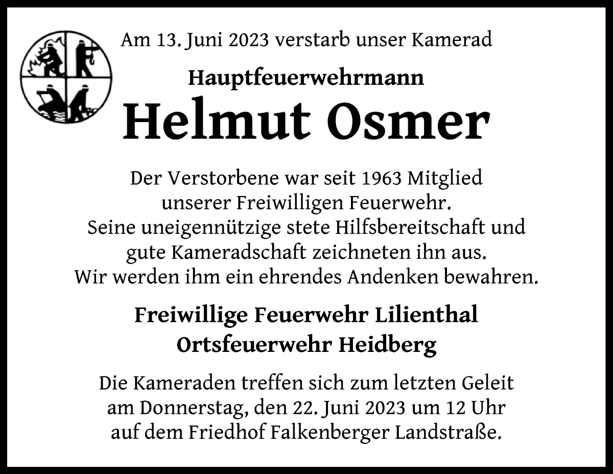 Traueranzeige von Helmut Osmer von Wuemme Zeitung