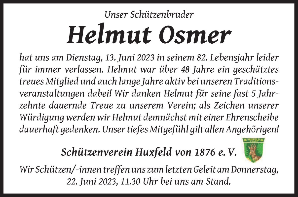 Traueranzeige von Helmut Osmer von Wuemme Zeitung