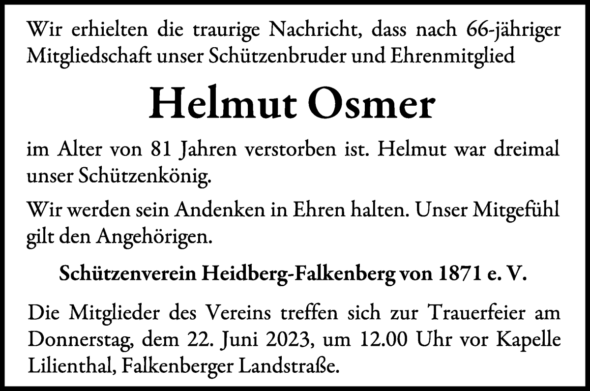 Traueranzeige von Helmut Osmer von Wuemme Zeitung