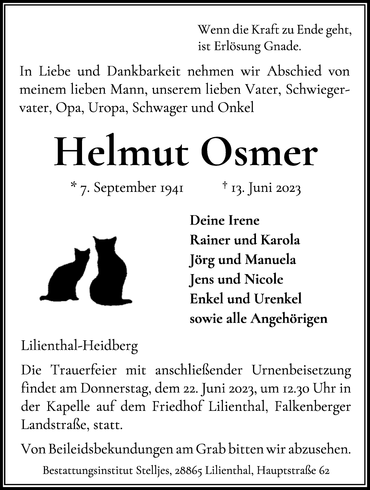 Traueranzeige von Helmut Osmer von Wuemme Zeitung