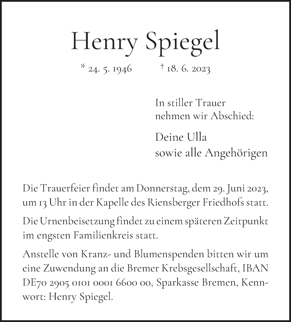 Traueranzeige von Henry Spiegel von WESER-KURIER