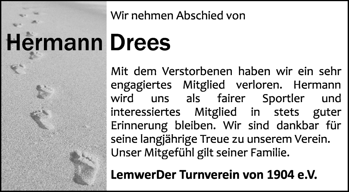 Traueranzeige von Hermann Drees von Die Norddeutsche