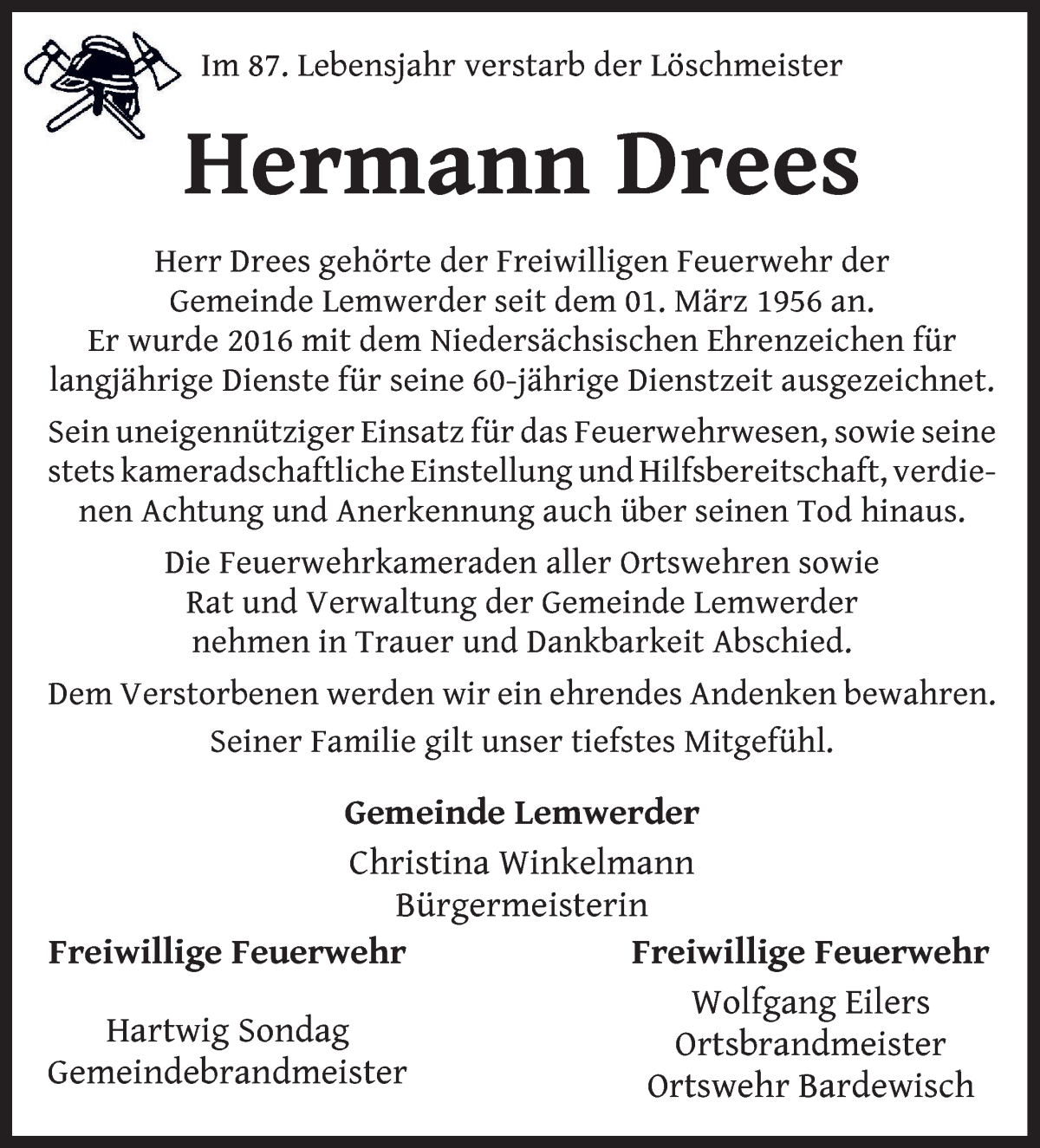 Traueranzeige von Hermann Drees von Die Norddeutsche