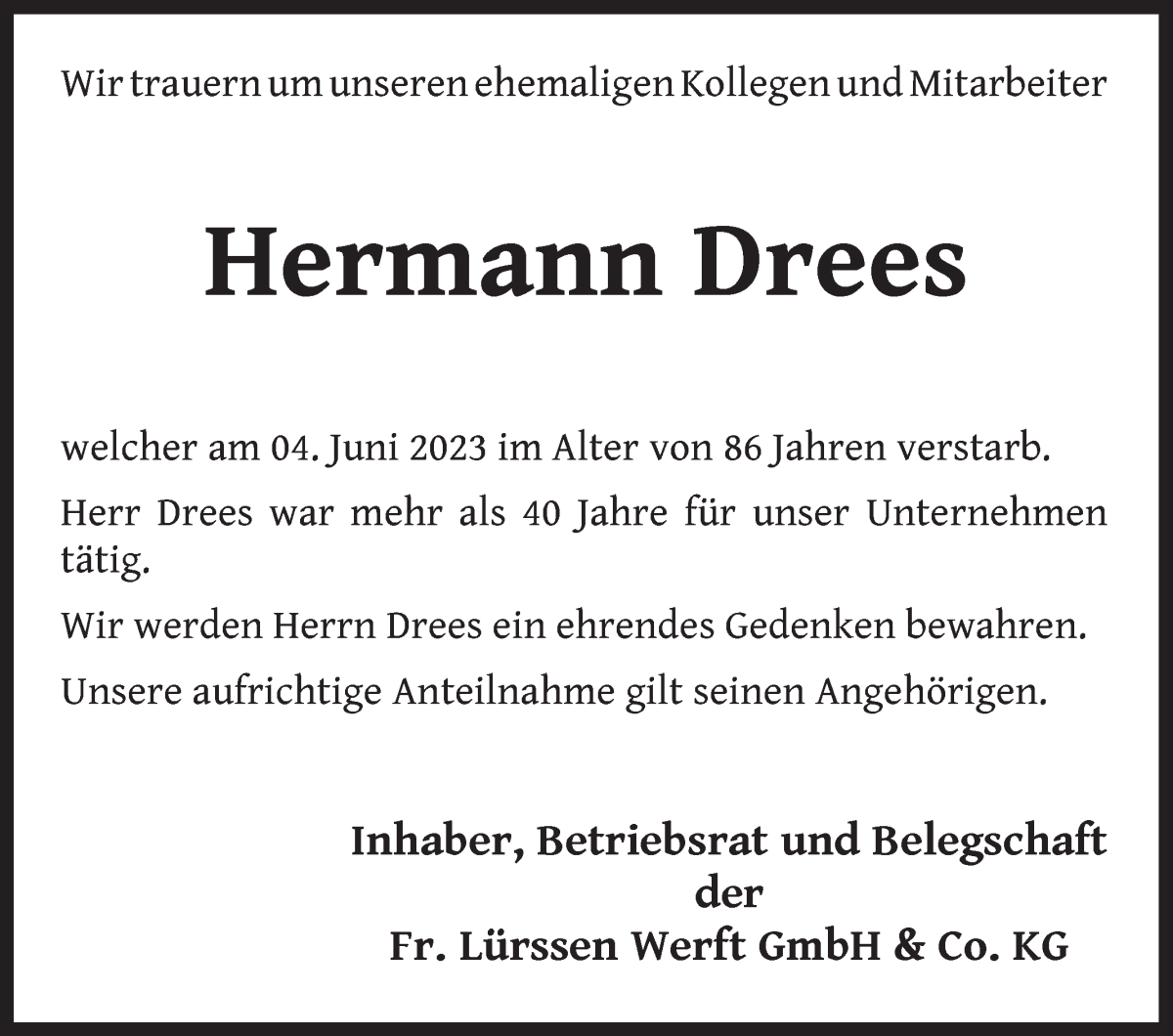 Traueranzeige von Hermann Drees von Die Norddeutsche