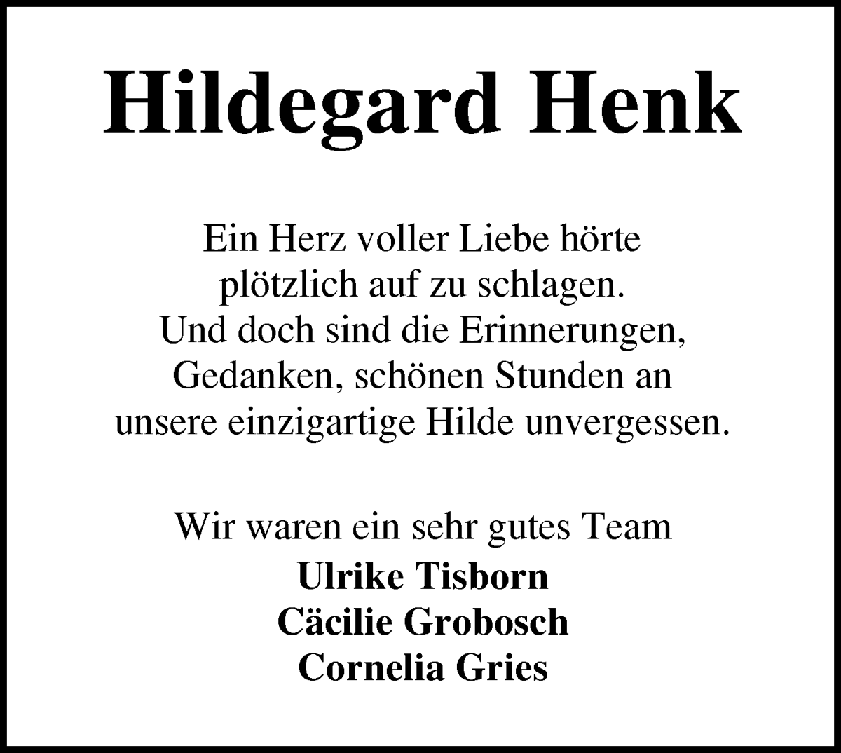 Traueranzeige von Hildegard Henk von WESER-KURIER