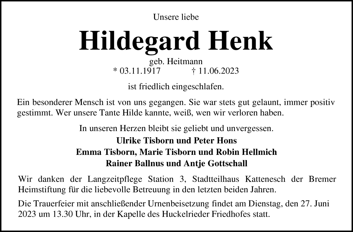 Traueranzeige von Hildegard Henk von WESER-KURIER