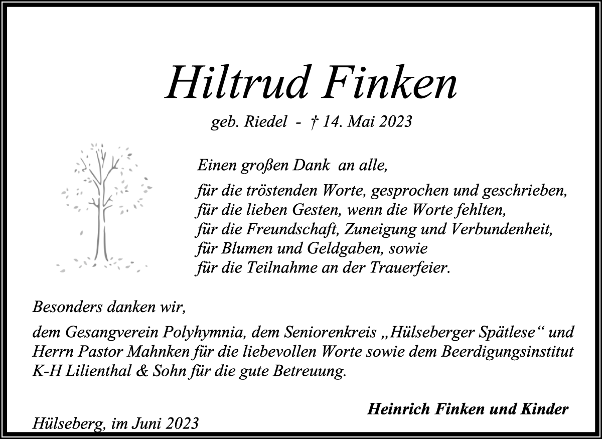 Traueranzeige von Hiltrud Finken von Osterholzer Kreisblatt