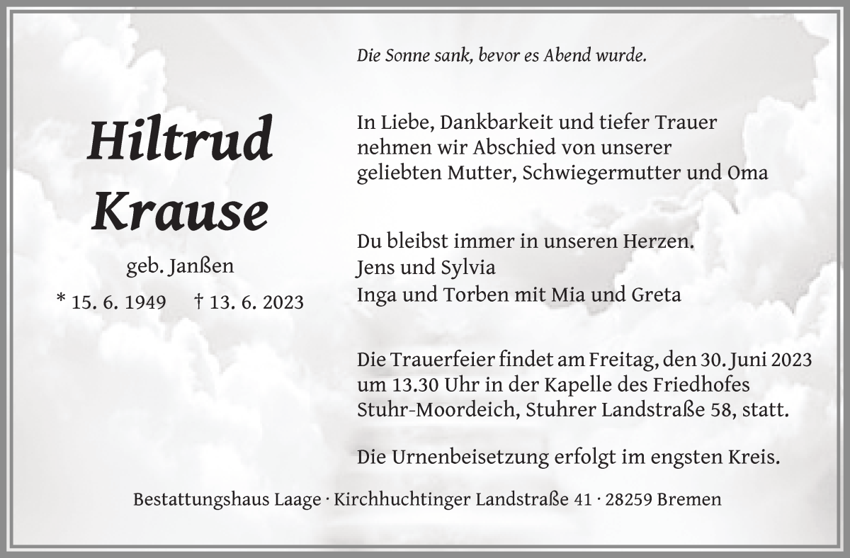 Traueranzeige von Hiltrud Krause von WESER-KURIER