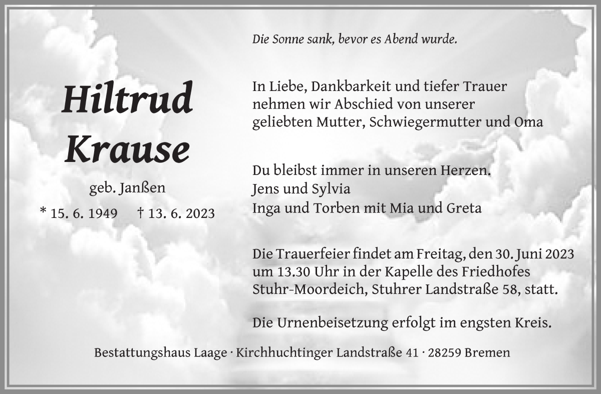 Traueranzeige von Hiltrud Krause von WESER-KURIER