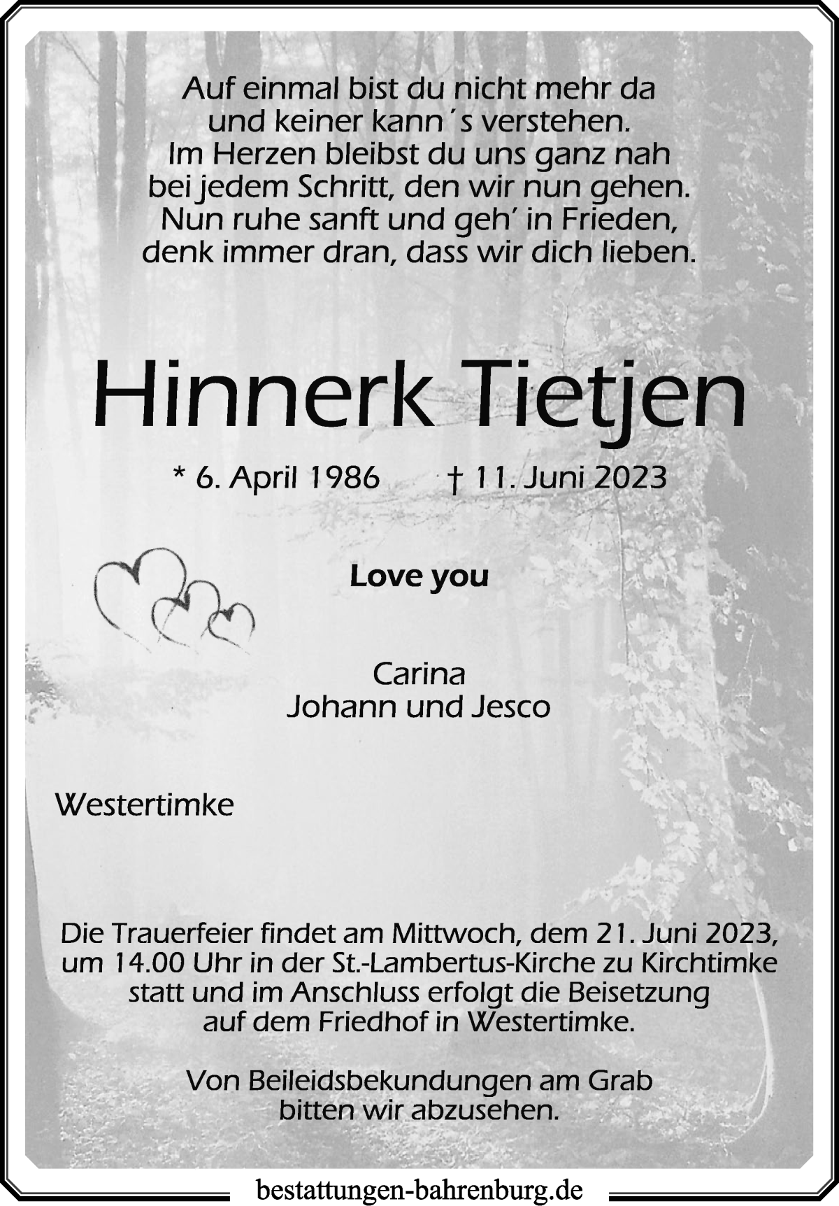 Traueranzeige von Hinnerk Tietjen von Wuemme Zeitung