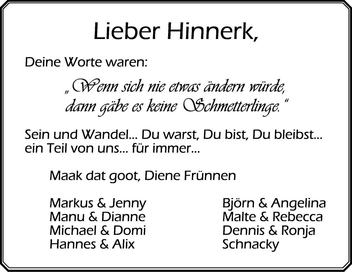 Traueranzeige von Hinnerk Tietjen von Wuemme Zeitung