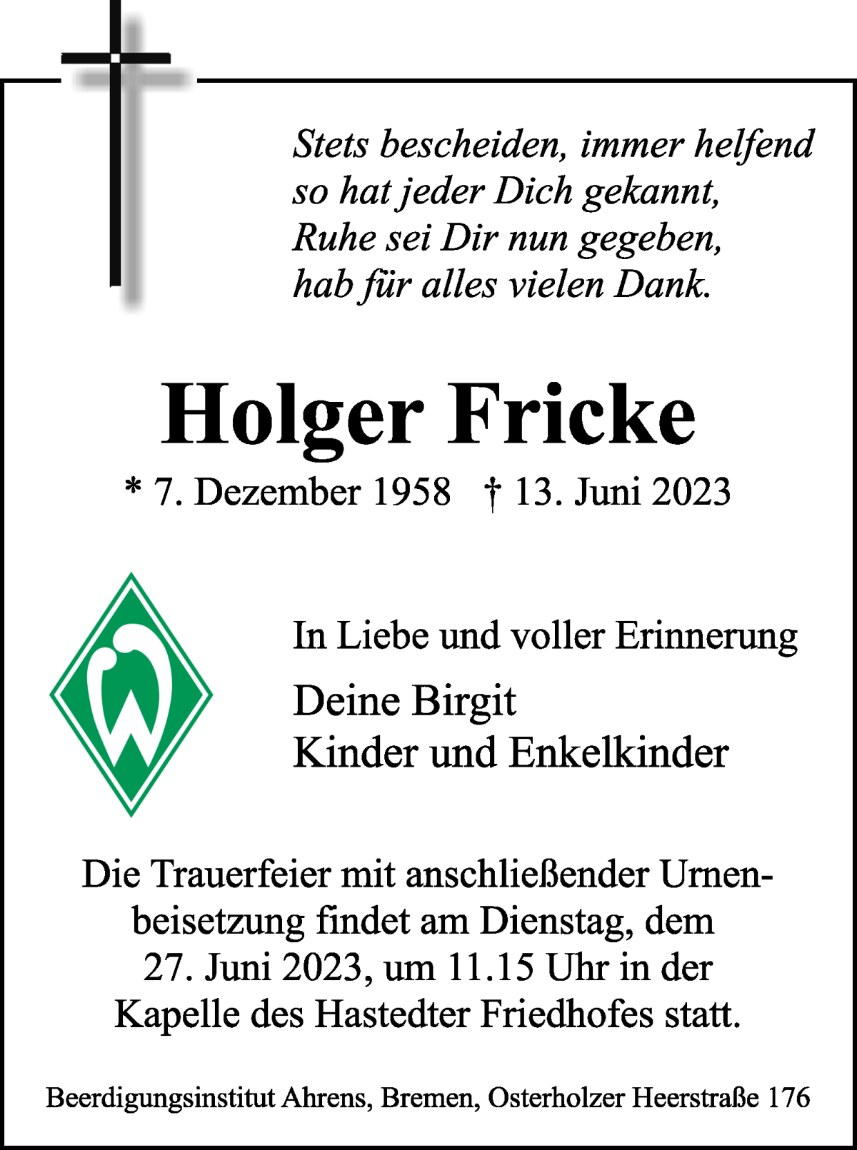 Traueranzeige von Holger Fricke von WESER-KURIER