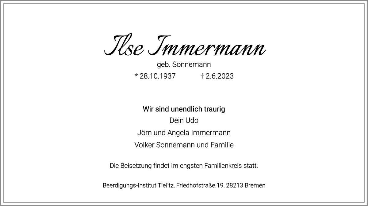 Traueranzeige von Ilse Immermann von WESER-KURIER