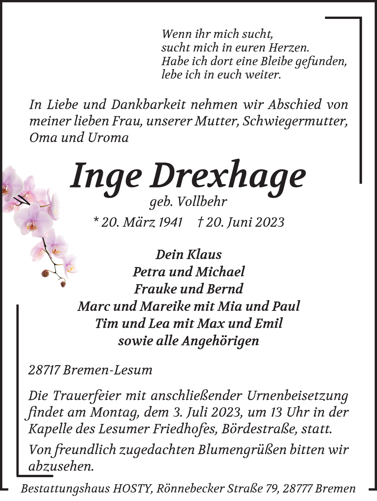 Traueranzeige von Inge Drexhage von Die Norddeutsche