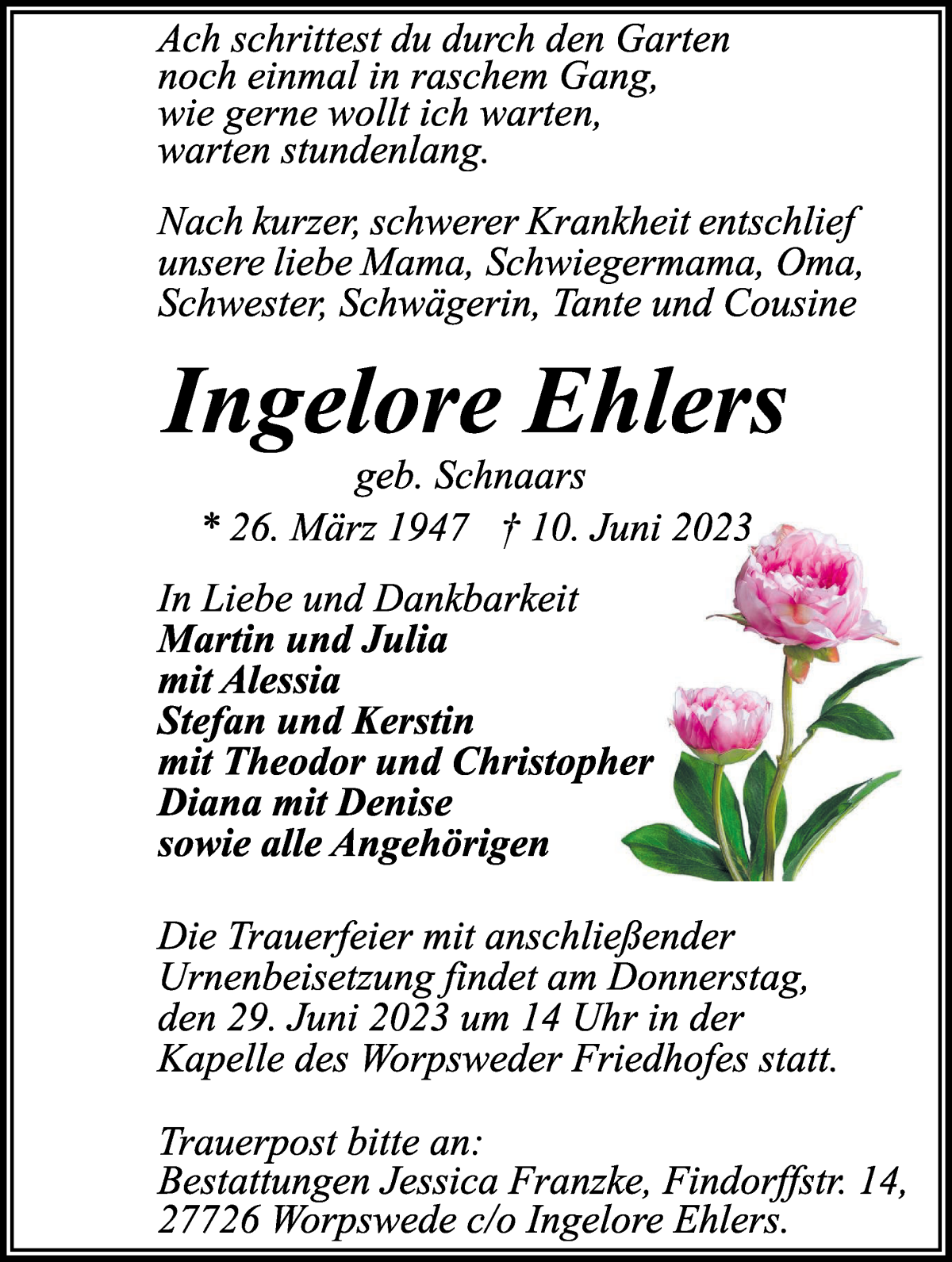 Traueranzeige von Ingeborg Ehlers von Wuemme Zeitung