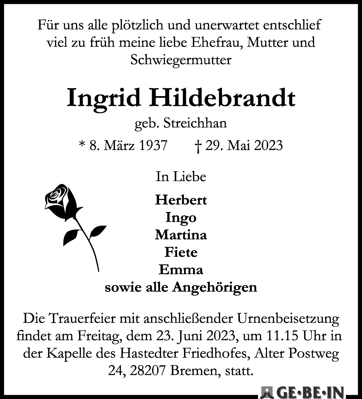 Traueranzeige von Ingrid Hildebrandt von WESER-KURIER