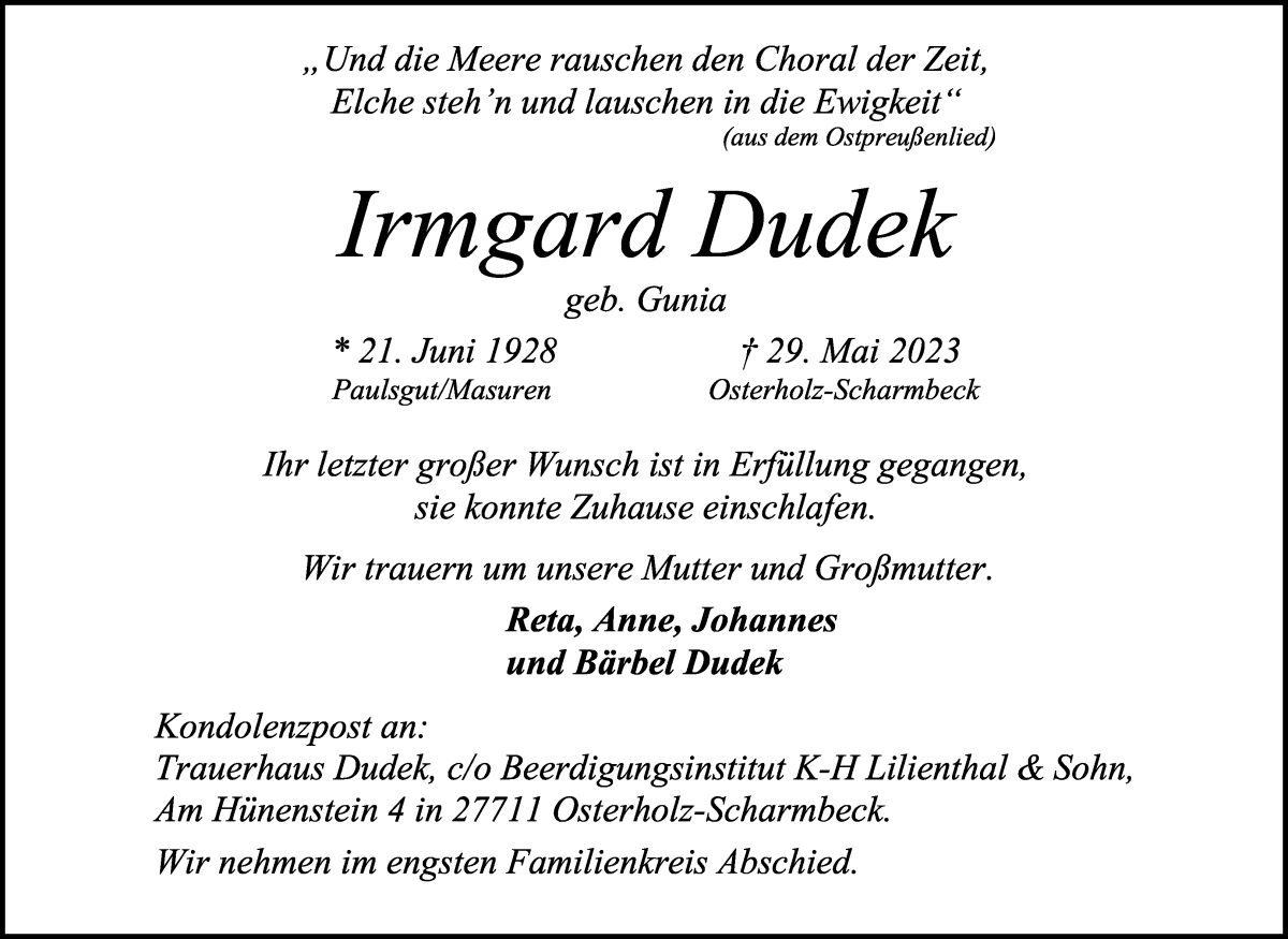 Traueranzeige von Irmgard Dudek von Osterholzer Kreisblatt