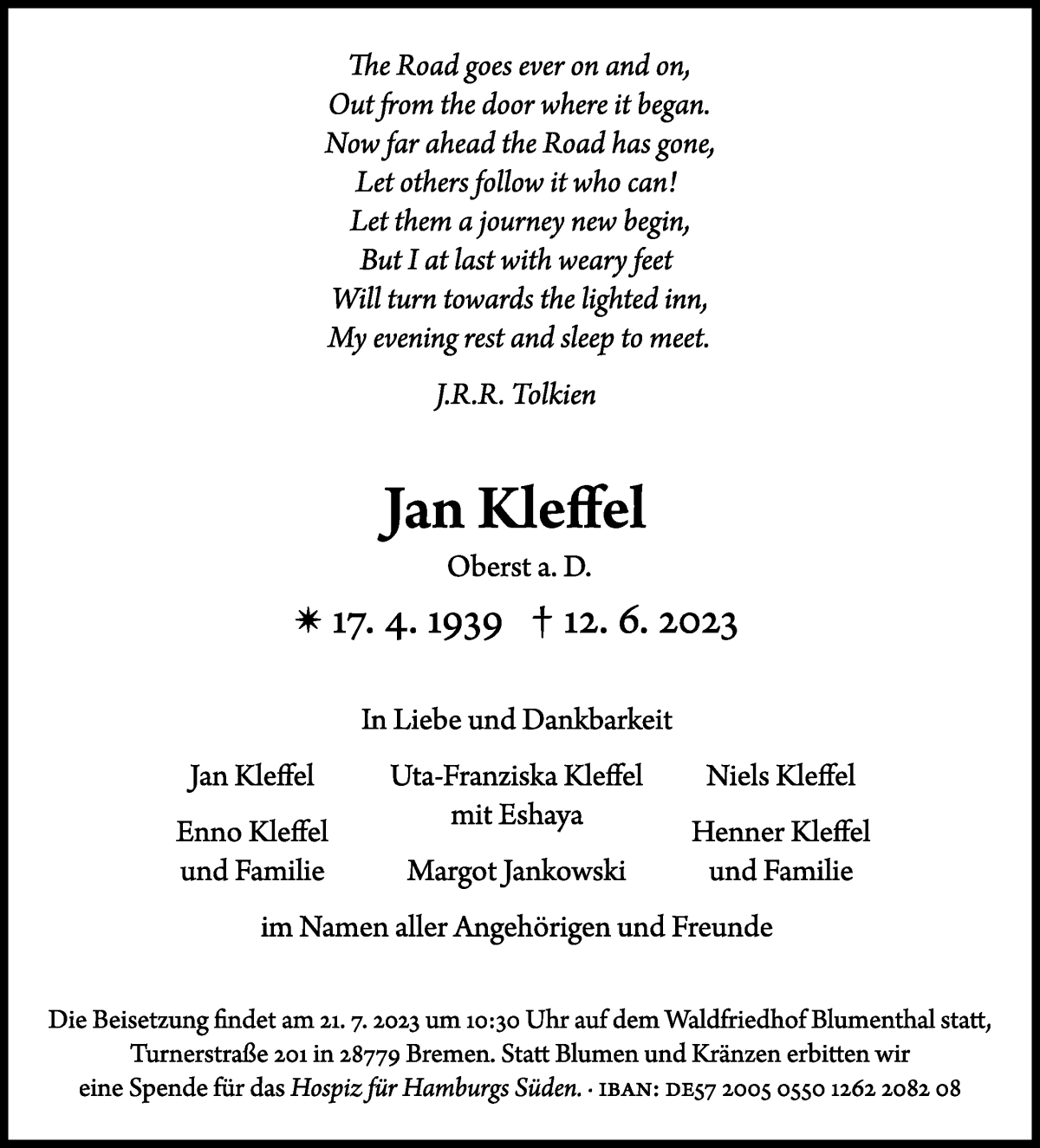 Traueranzeige von Jan Kleffel von Die Norddeutsche