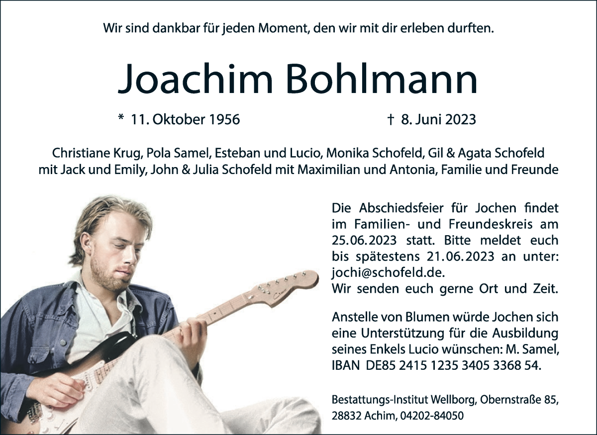 Traueranzeige von Joachim Bohlmann von WESER-KURIER