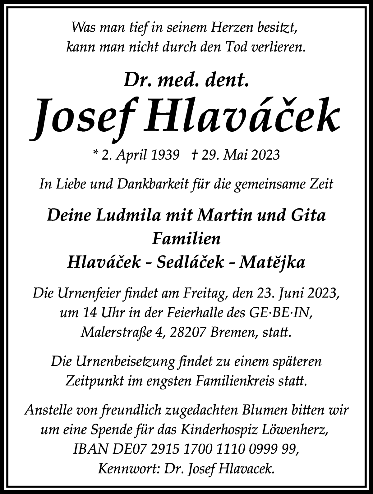 Traueranzeige von Josefa Hlavacek von WESER-KURIER