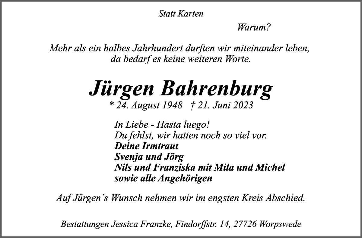Traueranzeige von Jürgen Bahrenburg von Wuemme Zeitung