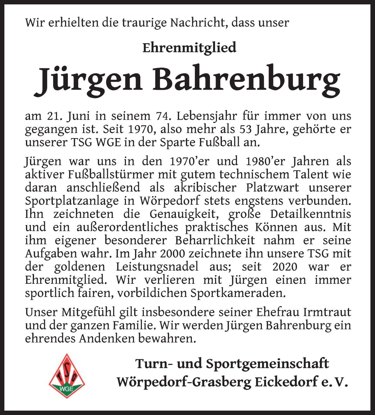 Traueranzeige von Jürgen Bahrenburg von Wuemme Zeitung