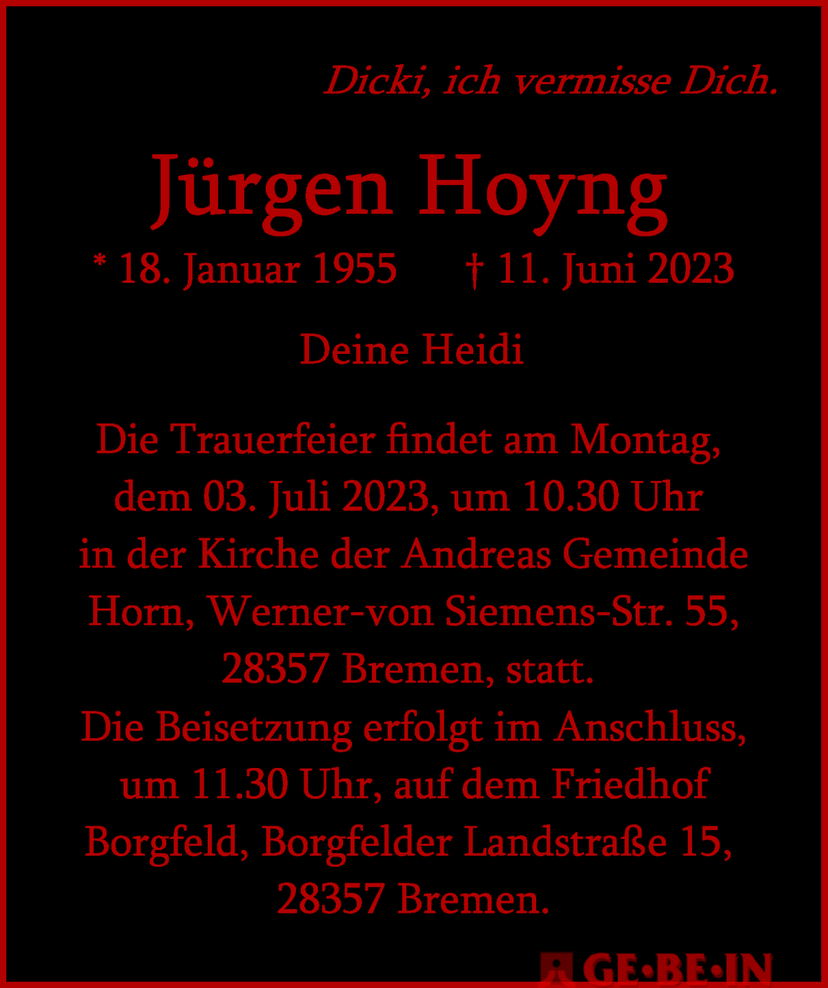 Traueranzeige von Jürgen Hoyng von WESER-KURIER