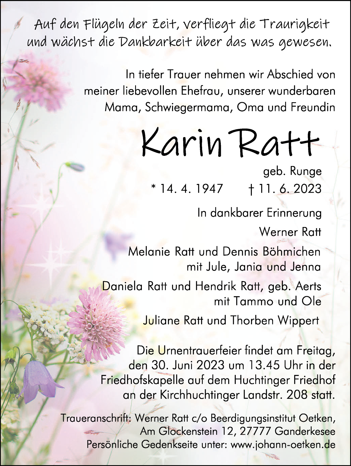 Traueranzeige von Karin Ratt von WESER-KURIER