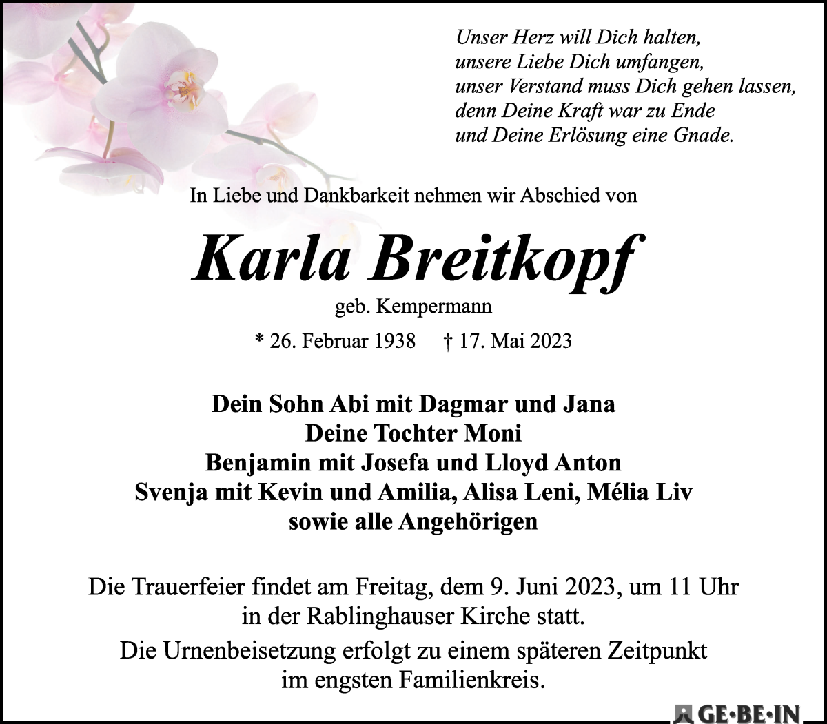 Traueranzeige von Karla Breitkopf von WESER-KURIER