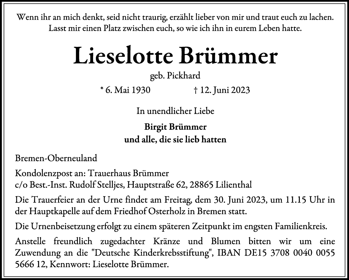 Traueranzeige von Lieselotte Brümmer von WESER-KURIER