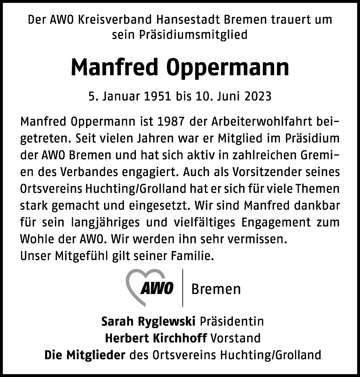 Traueranzeige von Manfred Oppermann von WESER-KURIER
