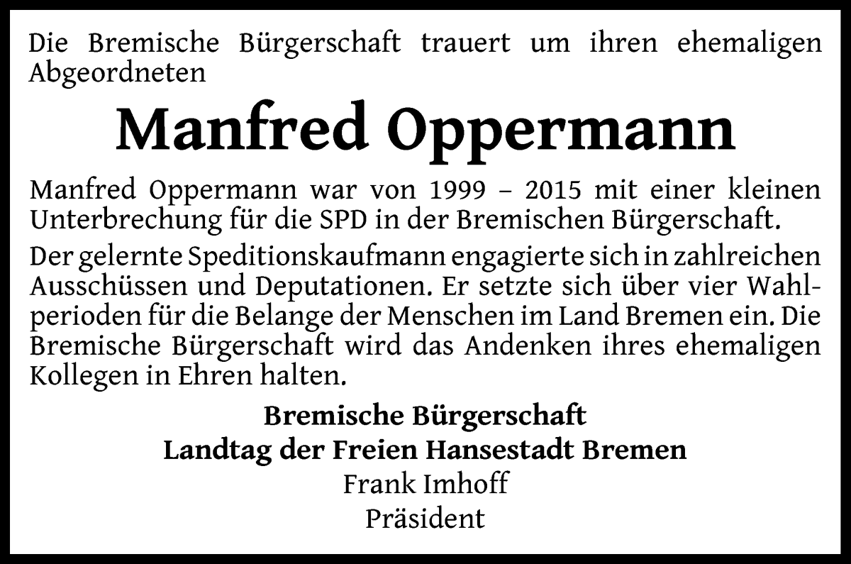 Traueranzeige von Manfred Oppermann von WESER-KURIER