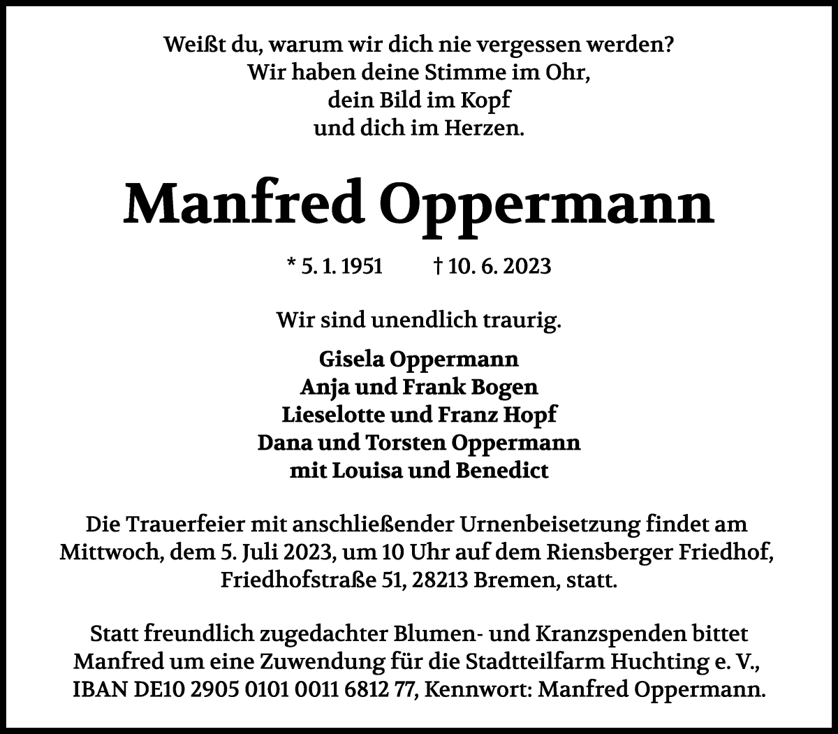 Traueranzeige von Manfred Oppermann von WESER-KURIER