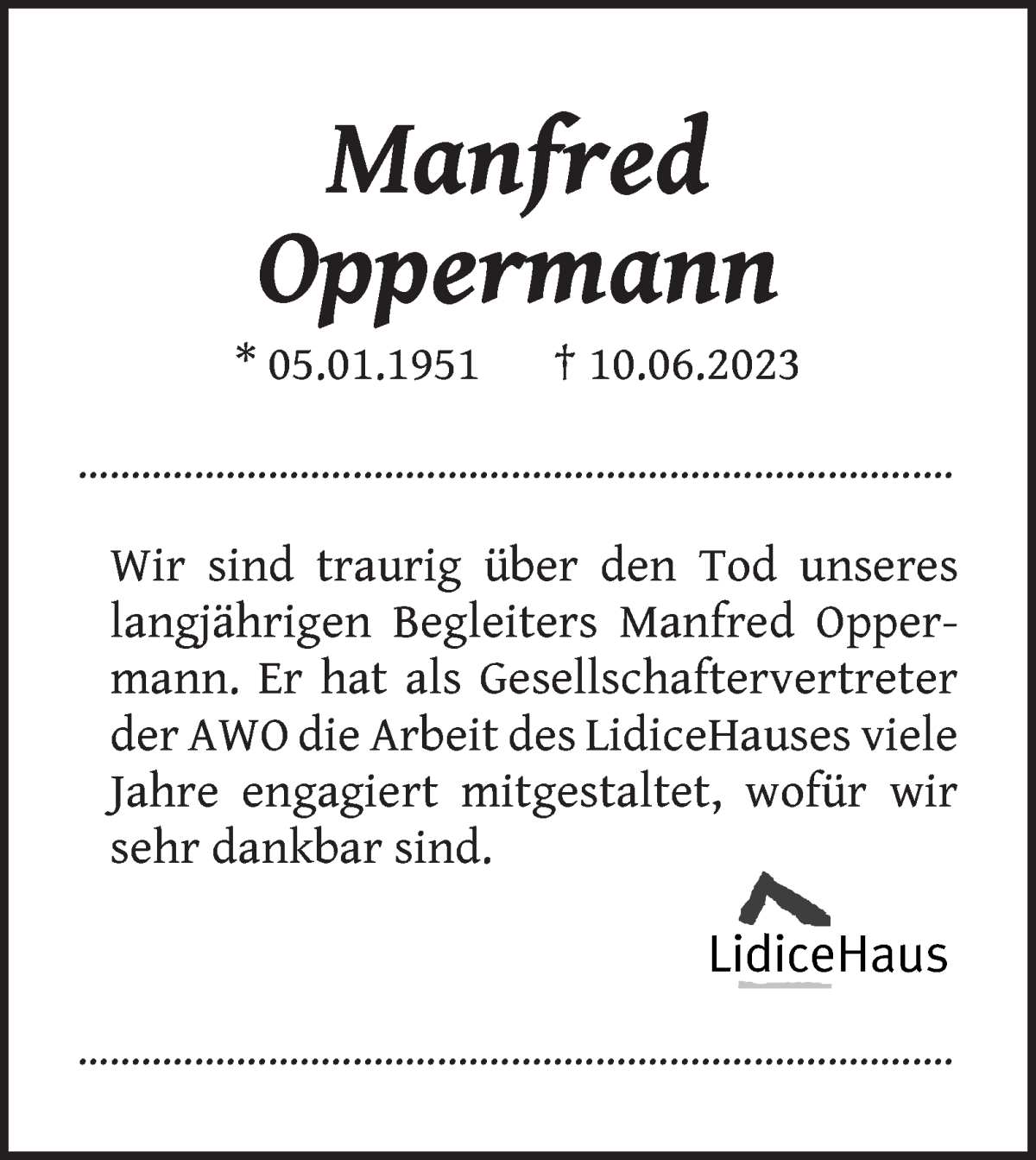 Traueranzeige von Manfred Oppermann von WESER-KURIER