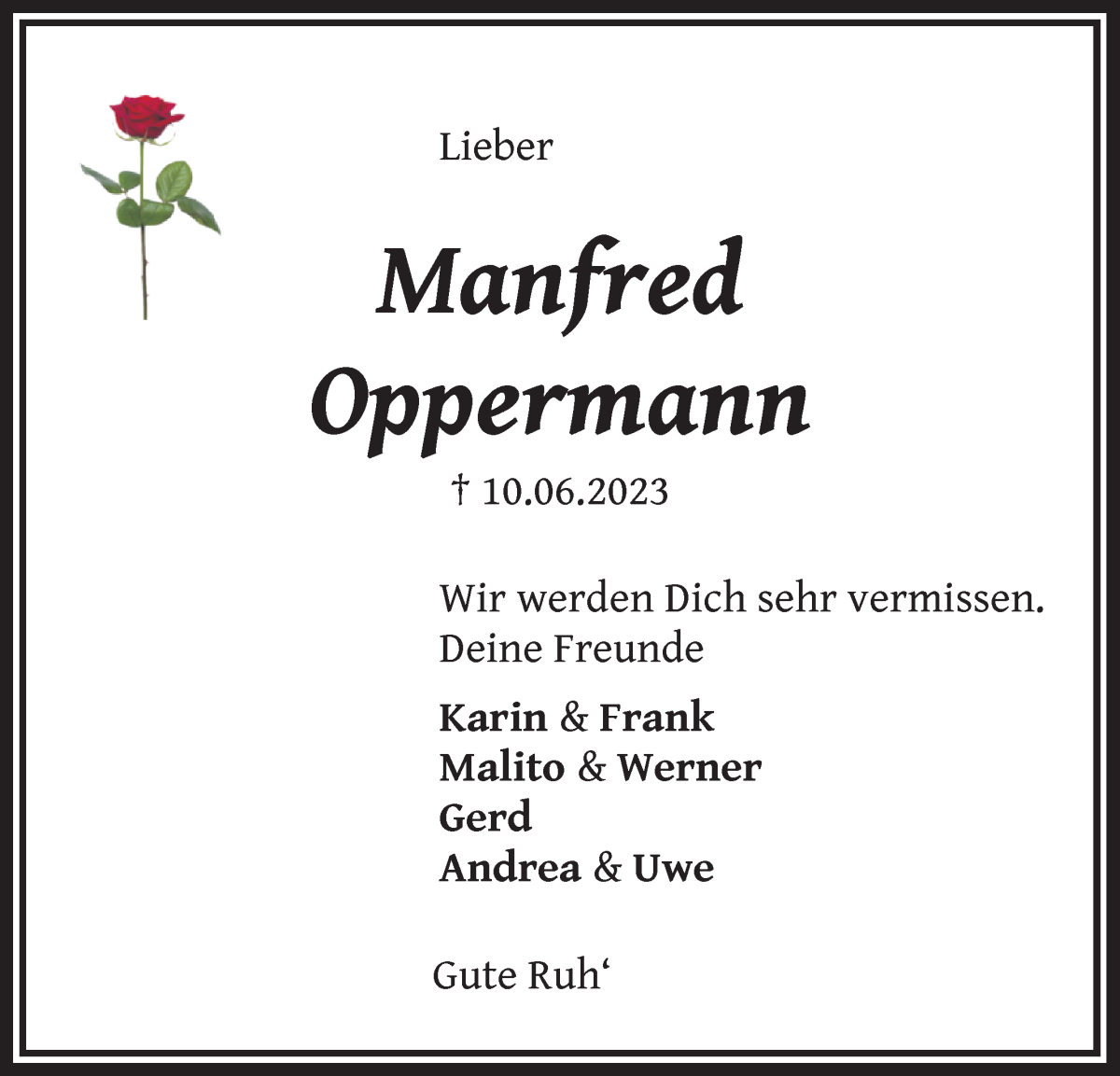 Traueranzeige von Manfred Oppermann von WESER-KURIER
