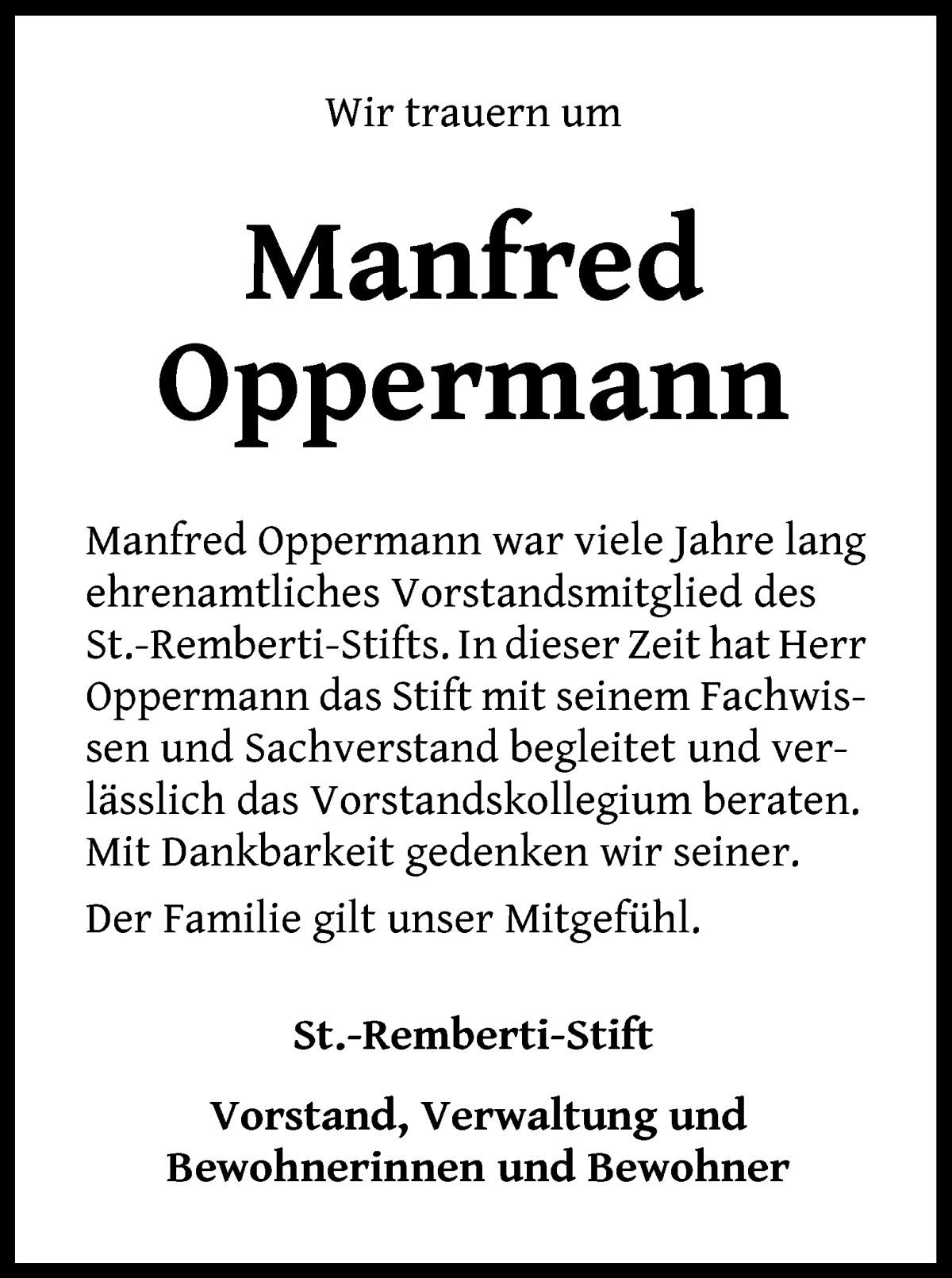 Traueranzeige von Manfred Oppermann von WESER-KURIER