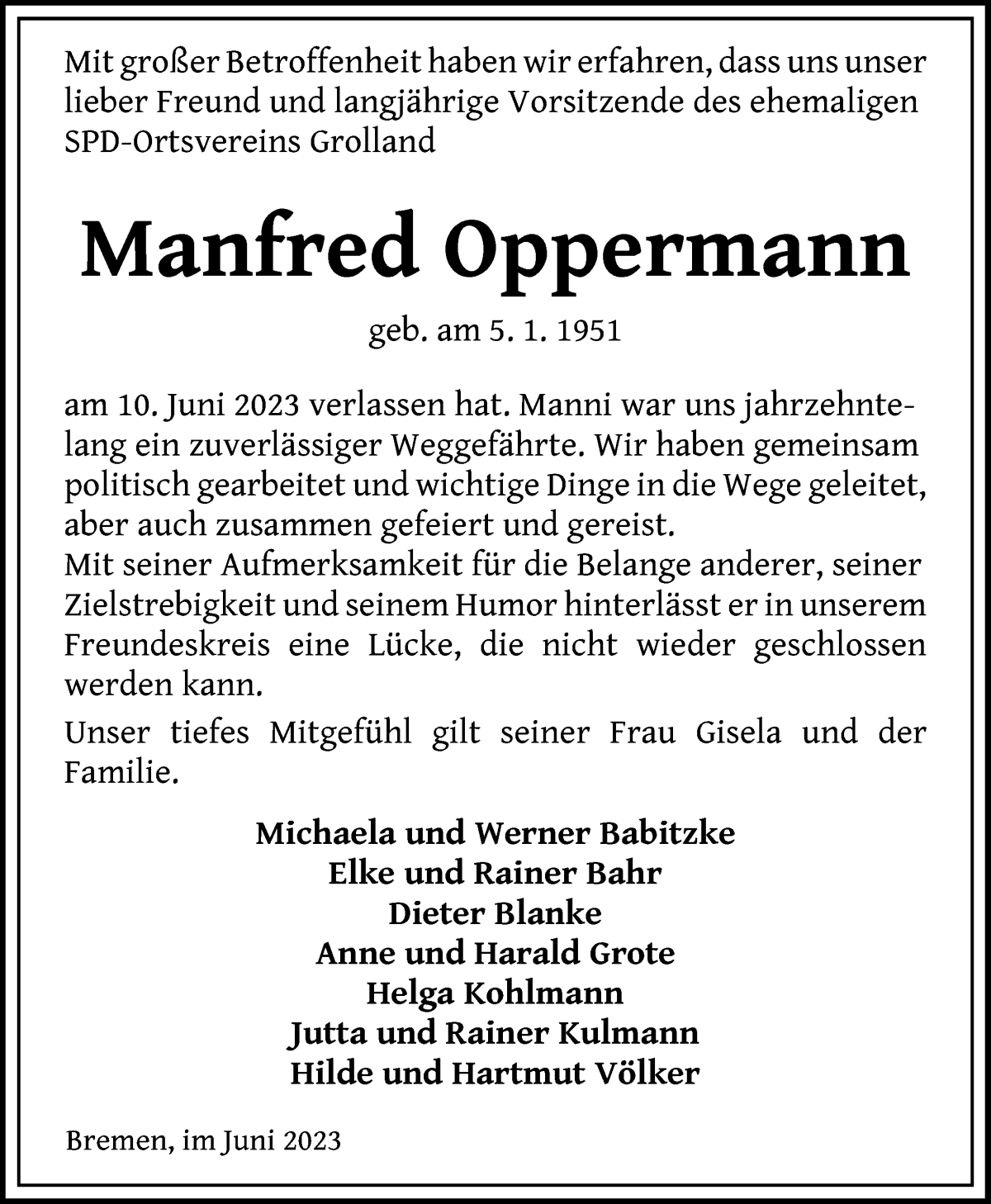 Traueranzeige von Manfred Oppermann von WESER-KURIER
